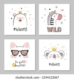 Conjunto de lindos animales. Ilustración infantil vectorial de gato, cebra y oso. Impresión de bebé