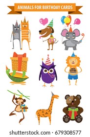 Set of cute animals for children's cards, invitations, congratulations. Cat, dog, elephant, turtle, owl, lion, monkey, giraffe, bear. vector illustration