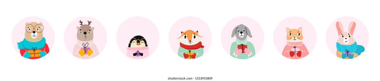 Set of cute animals in clothes with gift. Vector illustration. All elements isolated. Eps 10.