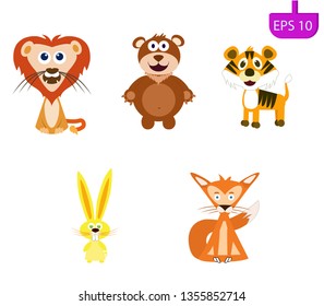  Set of cute animals. Collection funny animals. Cute animals: forest cartoon style. Lion, tiger, rabbit, fox, bear. Transparent background, high resolution
