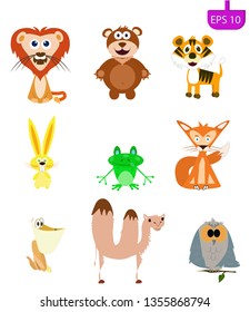 Set of cute animals. Collection funny animals. Cute animals: forest cartoon style. Lion, tiger, rabbit, fox, owl, camel, frog, bear. Transparent background, high resolution