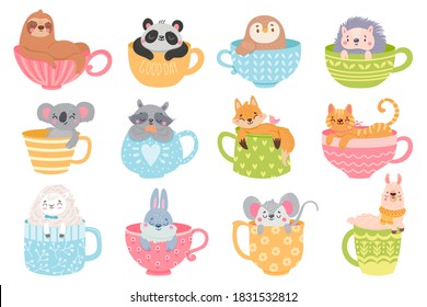 Set with cute animals in colorful cups. Isolated on white background. Relax in cup. Kids print. Cartoon vector illustration