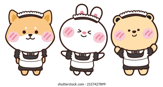 Set of cute animals in costume.Shiba inu dog,rabbit,bunny cartoon.Japanese dog.Kawaii.Image for card,sticker,baby product.Vector.Illusration.