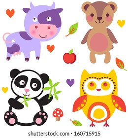 Set of cute animals: cow, bear, panda, owl. Doodle. Vector illustration. Cartoon