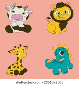 Set of cute animals cow lion dinosaur and giraffe