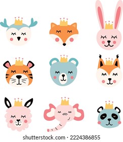 Set of cute animals in a crown. Animal heads with crowns. A beautiful print for children's t-shirts.	