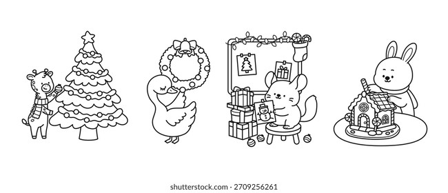 Conjunto de animales lindos que decoran para las Navidades. Blanco y negro Outline Ilustración vectorial plana de estilo de dibujos animados