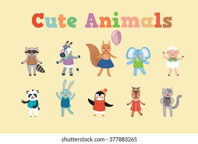 Set of Cute Animals for Decoration and Celebration Children Party. Vector illustration