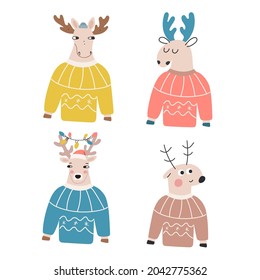 Set of cute animals. Deer wearing Christmas ugly sweater. Hand drawn vector illustration for greeting card, t shirt, print, stickers, posters design.  