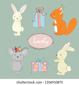 A set of cute animals to design cards, invitations, scrapbooking. Two bunnies, a squirrel and a mouse. Cartoon. Vintage.