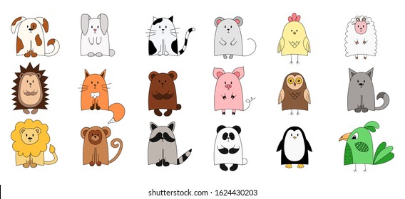 Set of cute animals for the design of children's things. Color vector illustration. objects are isolated on white. Owl, Leo, Raccoon, monkey, chicken, parrot,fox,mouse.Wild forest and domestic animals