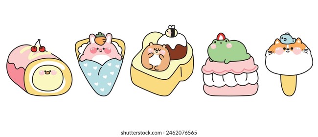 Set of cute animals in dessert and sweet concept.Cartoon.Chicken in roll cake.Rabbit crepe.Bear  honey toast.frog macaron.Cat face ice cream.Kawaii.Vector.Illustration.