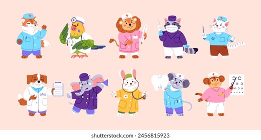 Set of cute animals doctors. Funny anthropomorphic pediatric medics. Health care cartoon characters. Rabbit doc, cat pediatrician, mouse dentist, dog therapist. Flat isolated vector illustrations