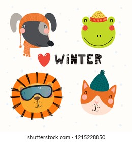 Set with cute animals dog, frog, lion, cat in warm hats, mufflers. Isolated objects on white background. Hand drawn vector illustration. Scandinavian style flat design. Concept for children print.