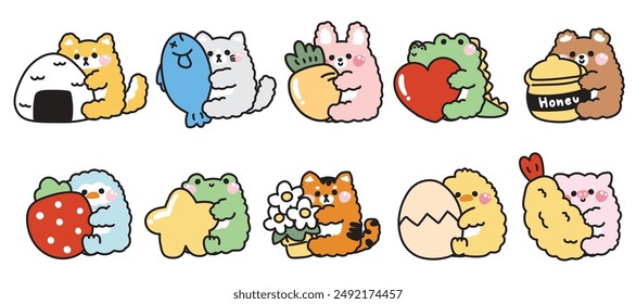 Set of cute animals doll hug various object.Cartoon character design.Frog,rabbit,bear,dog,cat hand drawn.Baby graphic.Kawaii.Vector.Illustration. 