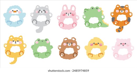 Set of cute animals doll sit on white background.Animal character cartoon design.Penguin,cat,rabbit,crocodile,bear,frog.Kawaii.Vector.Illustration.