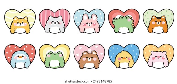 Set of cute animals doll stay in heart frame.Valentines day.Love.Animal character cartoon design.Rabbit,bear,frog,penguin,crocodile hand drawn.Kawaii.Vector.Illustration.