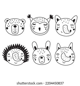 Set with cute animals in doodle style. Vector illustration in black and white for textile decoration and nursery