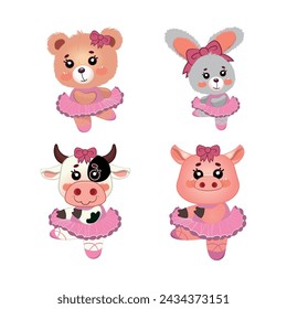set of cute animals dressed in ballerina, pig, cow, teddy bear and bunny outfits. vector illustration