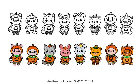 Conjunto de animales lindos vestidos con trajes de calabaza de Halloween, personajes dibujados a mano kawaii, naturaleza juguetona y festiva, Ilustración vectorial.