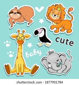 Set with cute animals. Elephant, giraffe, sloth and toucan on a blue background. Vector illustration of cartoon animals
