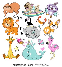 Set with cute animals. Elephant, giraffe, sloth, lion, pug dog, flamingo, corgi and toucan on a white background isolated. Vector illustration of cartoon animals