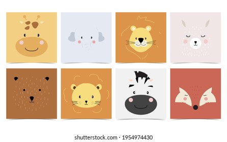 Set of cute animals with elephant,giraffe,lion,bear,fox,llama.Vector illustration for baby invitation, kid birthday invitation and postcard