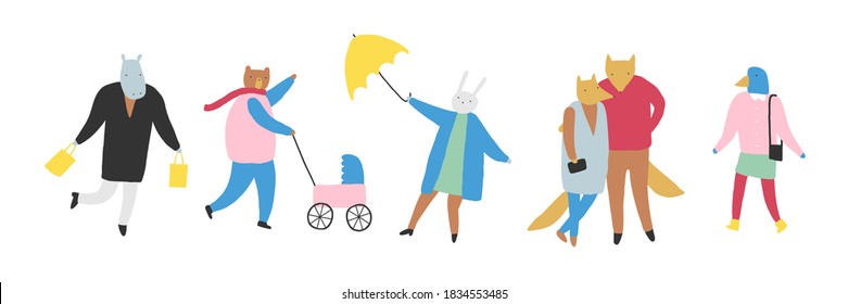 Set of cute animals in everyday life. Different animals isolated. Flat vector illustration.