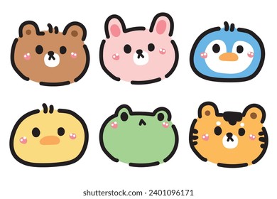 Set süße Tiere Gesicht Cartoon handgezeichnet.Teddy Bär.Rabbit.Penguin.Chicken.Frog.Tiger.Kawaii.Vector.Illustration.Illustrator.