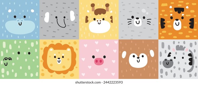 Set of cute animals face cartoon have hair texture skin on background.Hippopotamus,elephant,giraffe,seal,tiger,crocodile,lion,pig,monkey,zebra head hand drawn collection.Kawaii.Vector.Illustration.