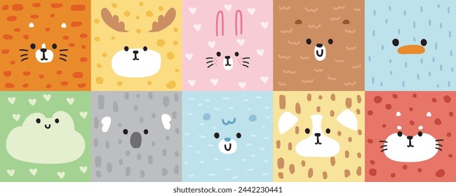 Set of cute animals face cartoon have hair texture skin on background.Cat,deer,rabbit,bear,penguin,frog,koala bear,polar bear,dog,fox head hand drawn collection.Kawaii.Vector.Illustration.