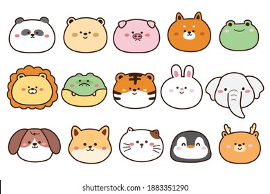 Set of cute Animals face in cartoon.Icon.Character design.Panda,bear,pig,fox,frog,lion,crocodile,tiger,rabbit,elephant,dog,cat,penguin,deer hand drawn.Vector.Illustration.