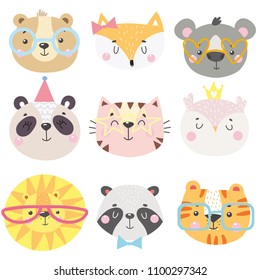 Set of cute animals face in funny glasses and  with decorative elements. Vector illustration