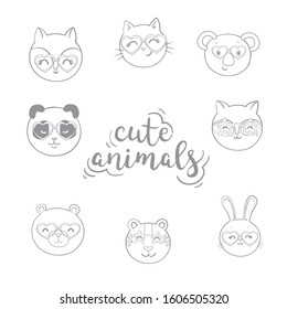 Set of cute animals face in funny glasses and with decorative elements. Vector illustration