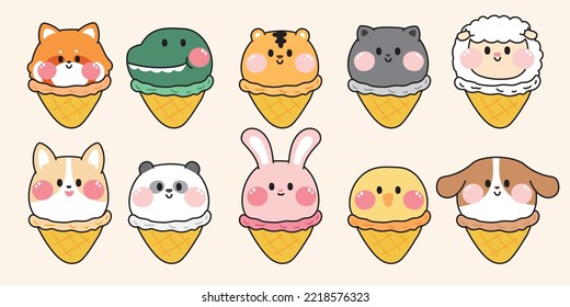 Set of cute animals face in ice cream cone cartoon.Kid graphic design hand drawn.Dessert and sweet collection.Isolated.Sticker.Kawaii.Vector.Illustration.