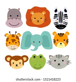 Set of cute animals face. Isolatad. - vector