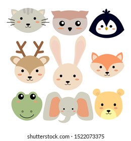 Set of cute animals face. Isolatad. - vector