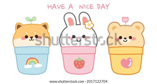 Set of\
cute animals face in pot on white background.Shiba inu\
dog,rabbit,bear hand drawn.Image for sticker,card,kid\
product.Graphic\
design.Isolated.Art.Kawaii.Vector.Illustration.