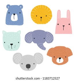 Set of cute animals faces for childish design. Vector hand drawn illustration.