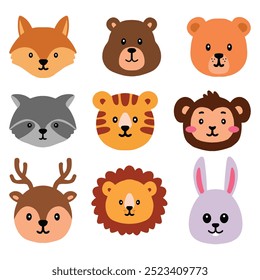 Conjunto de rostos de animais bonitos. Ilustração do vetor da face engraçada infantil