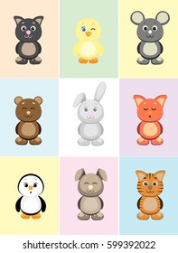 Set of cute animals' faces expressing different emotions on separate backgrounds