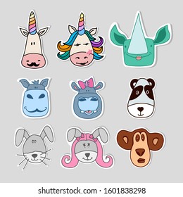 Set cute animals faces isolated on grey backgroung in cartoon style. Vector stock illustration. Kids stickers. Lion, hippo,tiger, hare, unicorn, rhino, bear. Funny happy animals. Flat style.