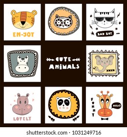Set with cute animals faces and lettering Cute animals! Vector illustration. Can be used for T-shirt print, child books and cards.