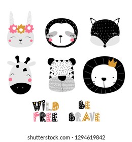 Set of cute animals faces and quotes. Kids black and white graphic. Vector hand drawn illustration.