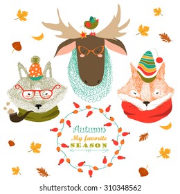 Set of cute animals faces. Wolf,fox,elk in autumn clothes