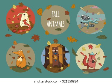 Set of cute animals from fall forest.