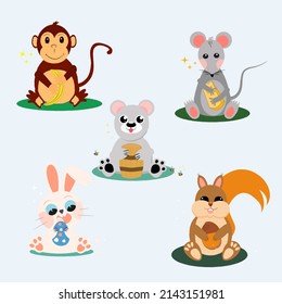 set of cute animals with favorite treats