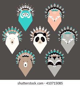 Set of cute animals with feathers