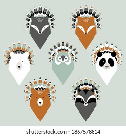 Set of cute animals with feathers. Wolf, fox, bear, owl, panda, racoon.