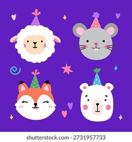 Un conjunto de animales lindos en sombreros festivos - cordero, ratón, zorro, oso blanco. Vector ilustración dibujada a mano en estilo plano. Perfecto para decoraciones, diseños de vacaciones y cumpleaños, tarjetas, logotipo. 